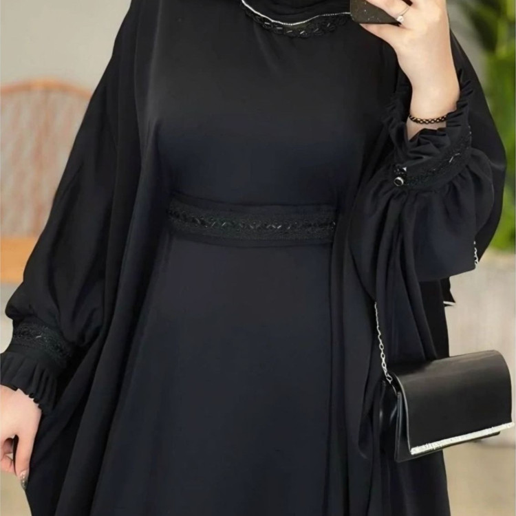 عبا بلند زنانه کرپ الیزه مشکی با بند تنظیم