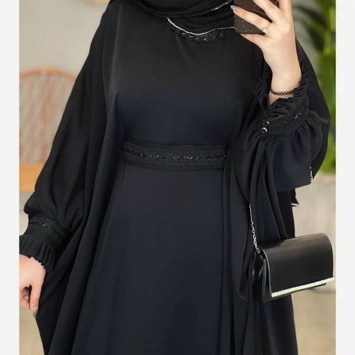 عبا بلند زنانه کرپ الیزه مشکی با بند تنظیم