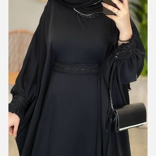 عبا بلند زنانه کرپ الیزه مشکی با بند تنظیم