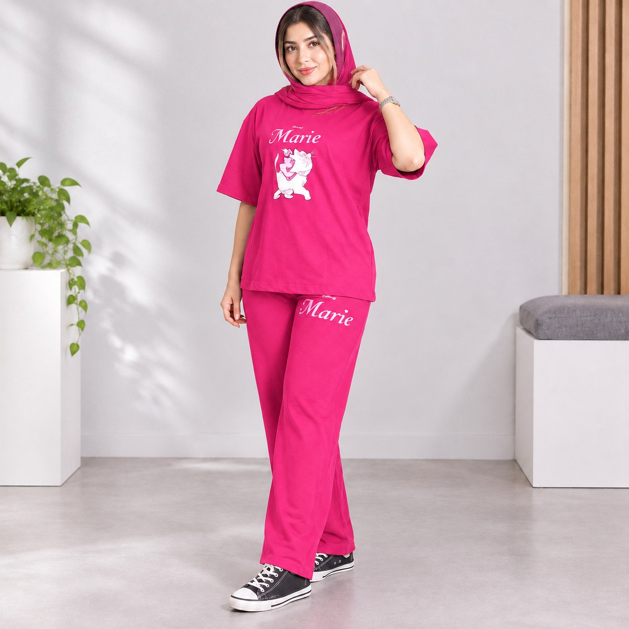 ست تیشرت و شلوار زنانه مدل گربه ای جنس نخ پنبه کد392