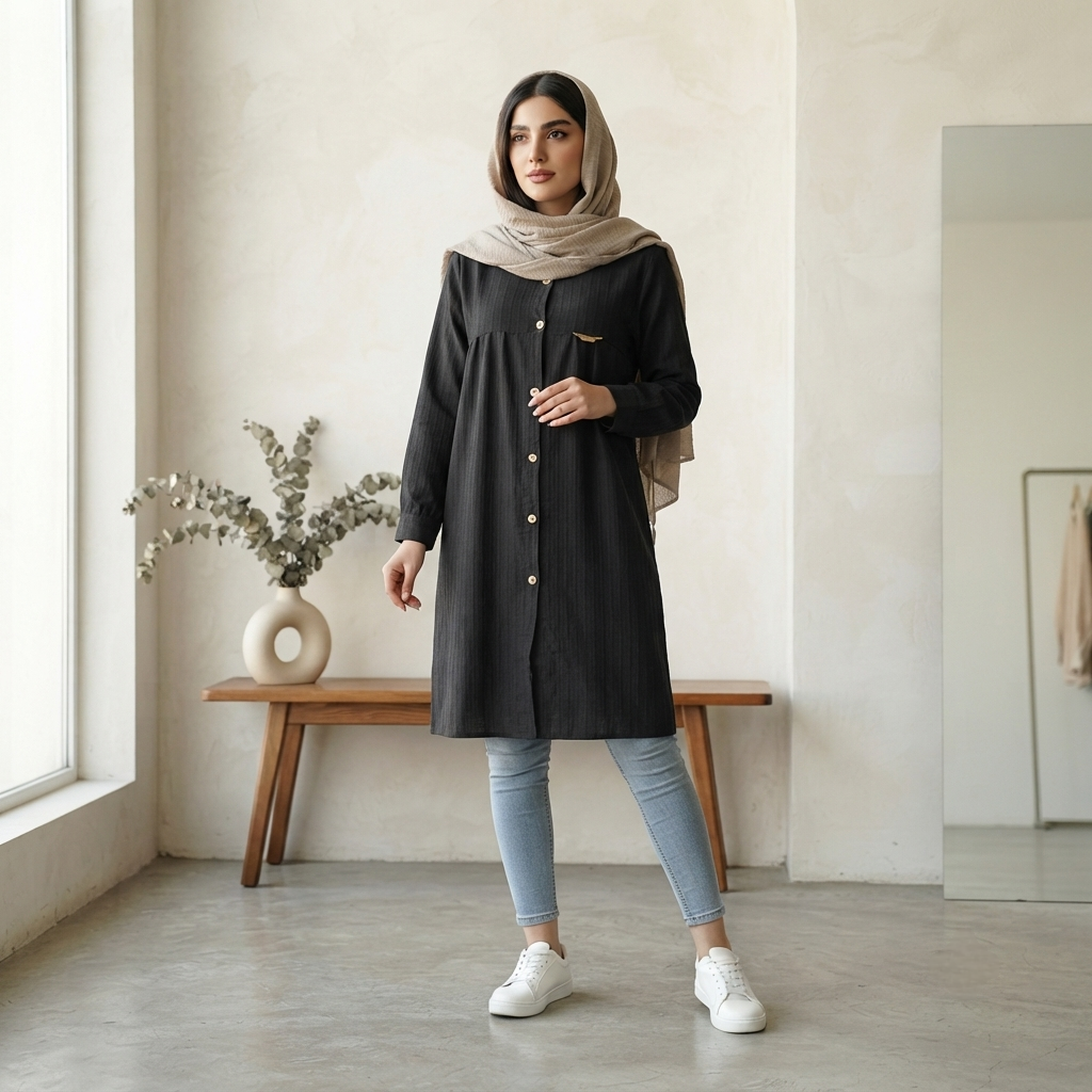مانتو بلند آیوا دونخ درجه یک با کمربند تنظیمپذیر، رنگ مشکی طوسی کرم