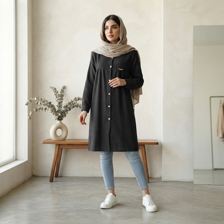 مانتو بلند آیوا دونخ درجه یک با کمربند تنظیمپذیر، رنگ مشکی طوسی کرم
