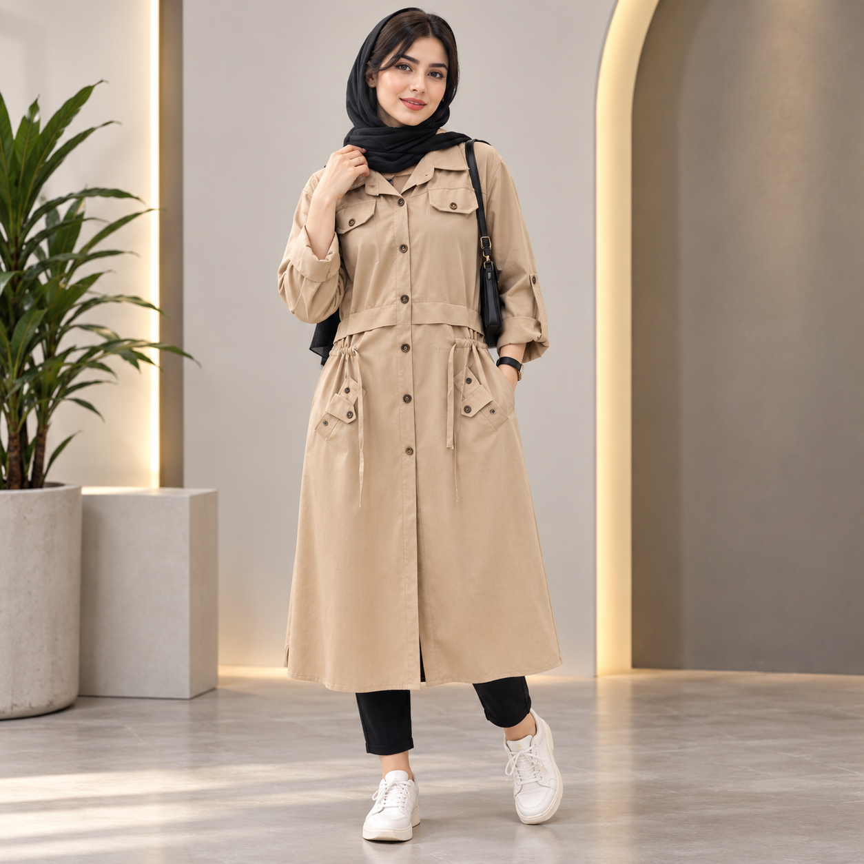 مانتو کرپ نخ اعلا مدل دانشجویی با کمربند - رنگهای کرم، مشکی، یشمی